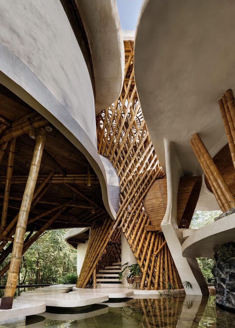 Interior de bambú con escaleras y espejo de agua